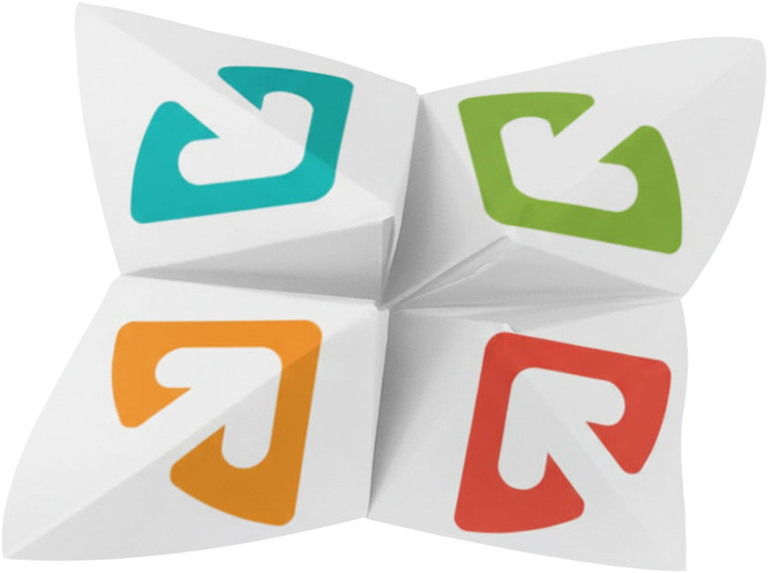 Origami cootie catcher with Strategic Doing colors