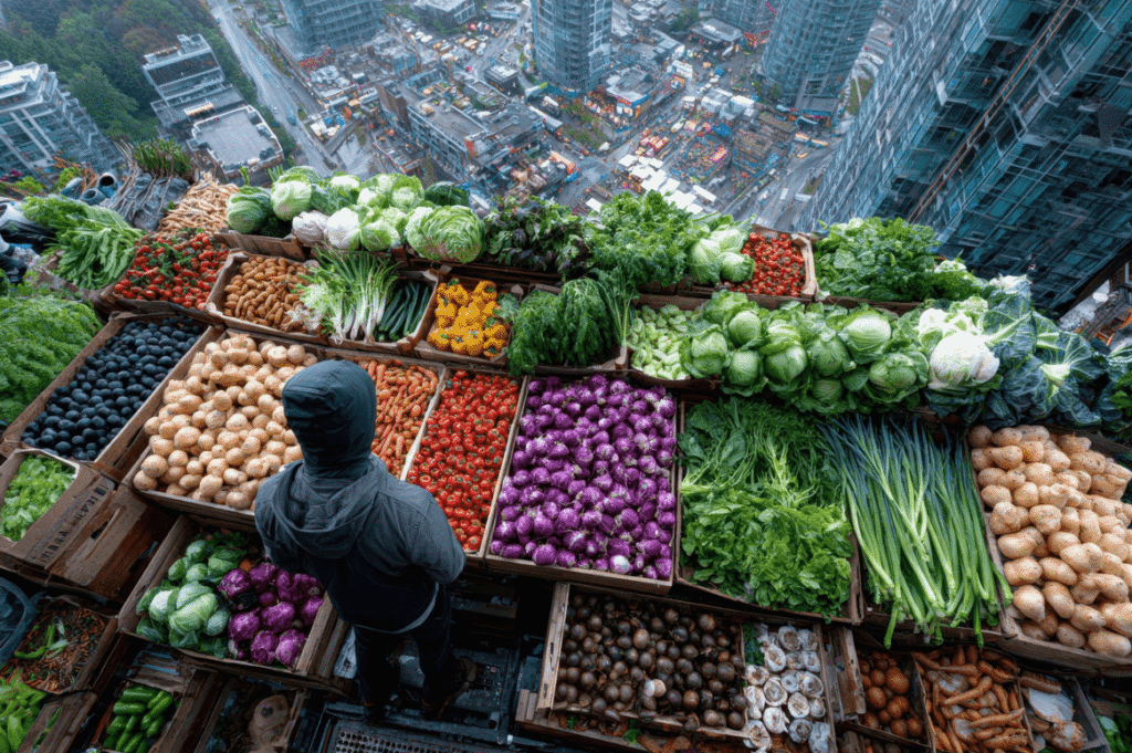 person standing in a fresh produce stall with view of city beyond