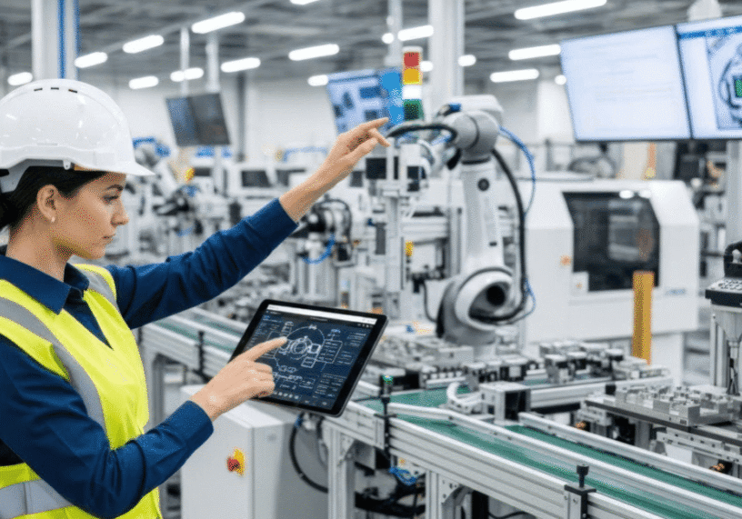 young woman in safety vest programming a robotic line